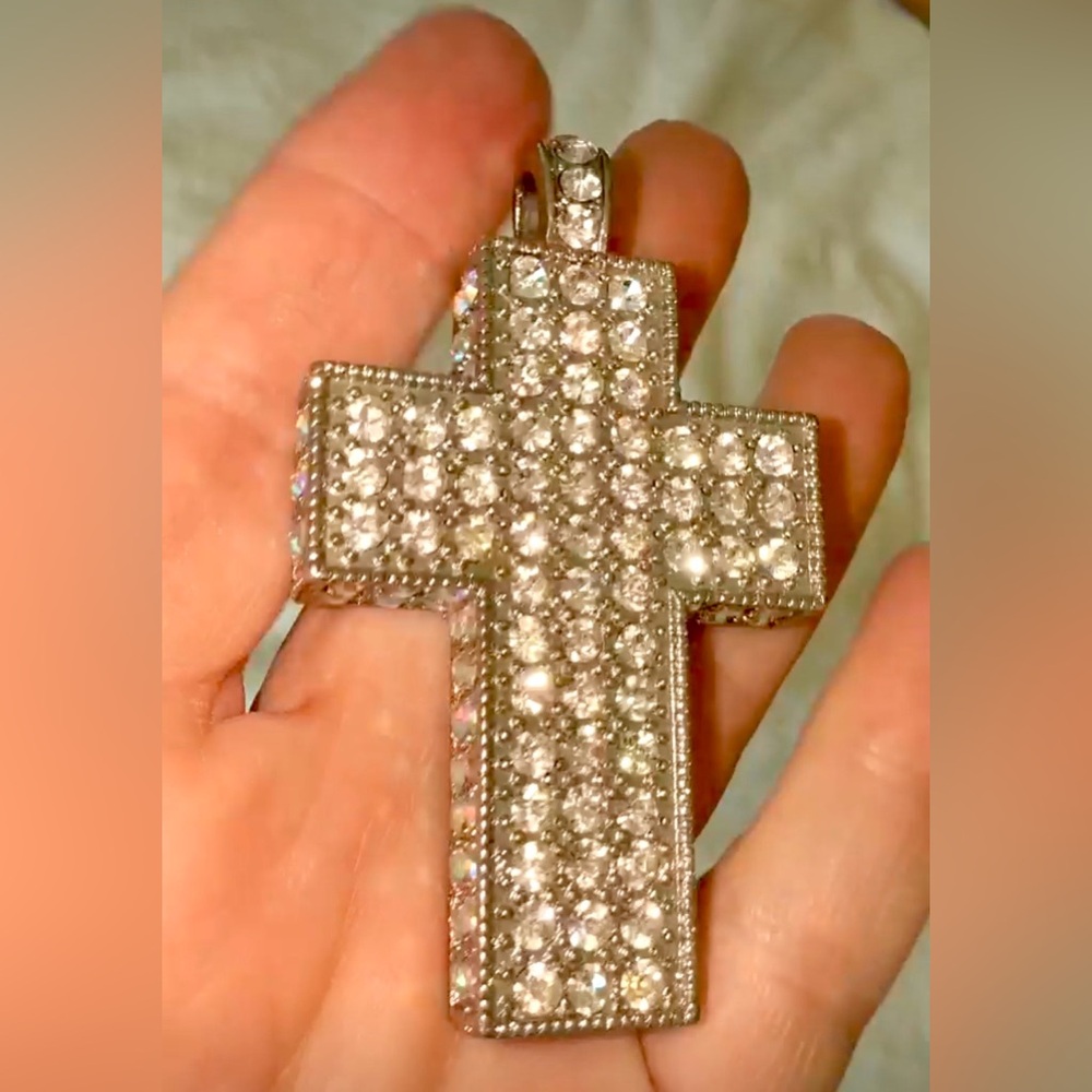 Source Unknown Silver Crystal Cross Necklace - Se… - image 1